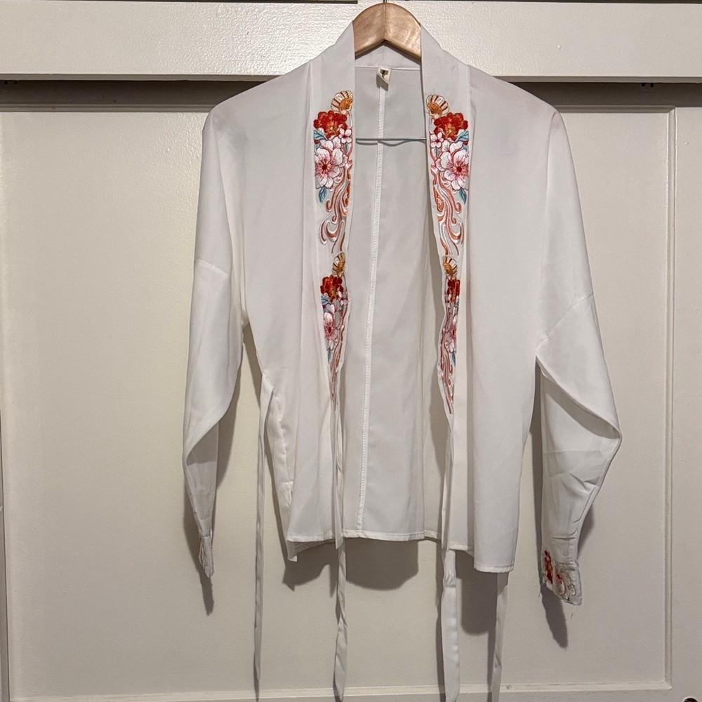 White wrap shirt  with Floral Embroidery